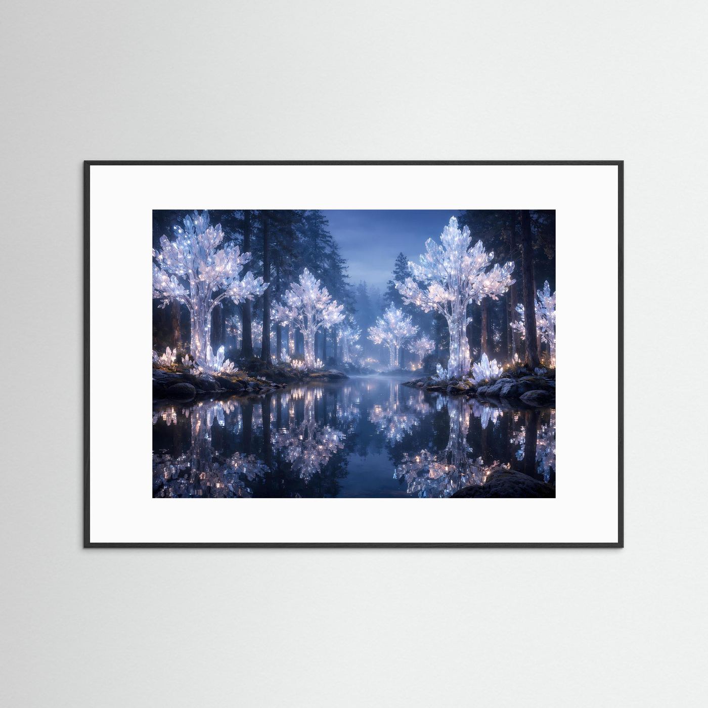Wandbild mit leuchtenden blauen Bäumen am Fluss im schwarzen Rahmen