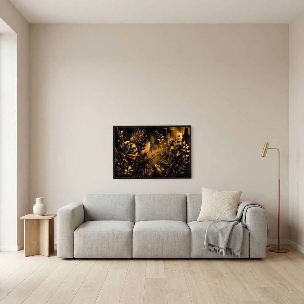 Wandbild-Poster mit goldenen Tropenblättern auf schwarzem Hintergrund, schwarzer Rahmen