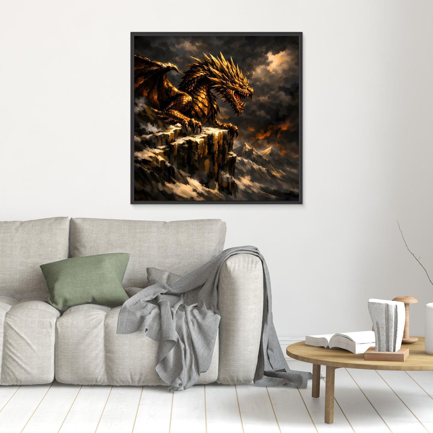 Leinwand Goldener Drache auf Felsgipfel | Episches Fantasy-Wandbild auf Keilrahmen