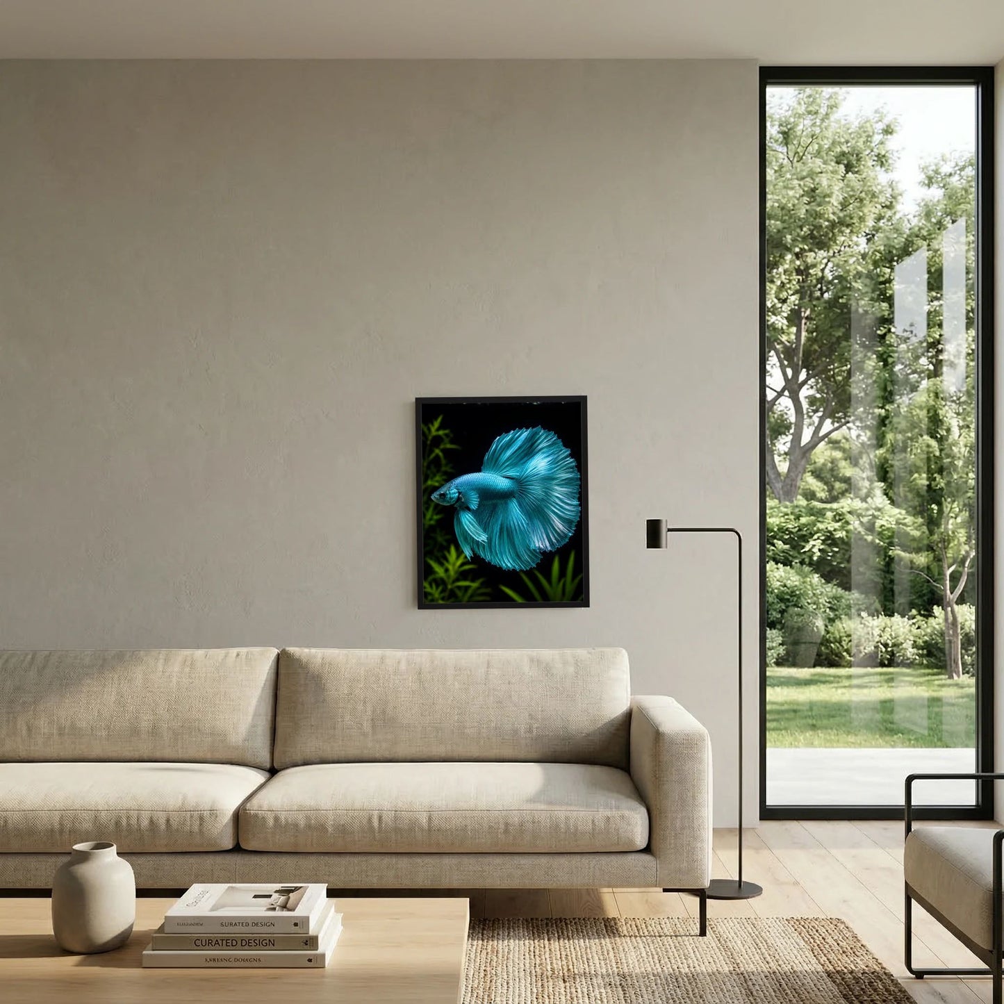 Kunstposter mit türkisfarbenem Kampffisch unter Wasser, zentraler Fischkopf mit Flossen