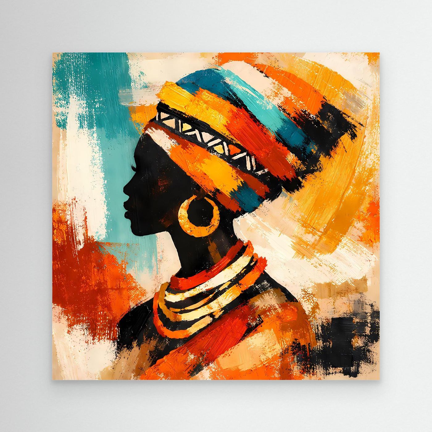 Abstract profile woman wall canvas with teal, orange, and yellow headwrap and red clothing