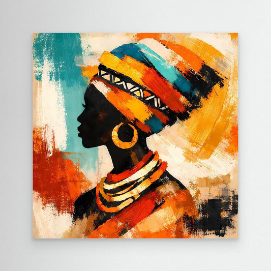 Abstract profile woman wall canvas with teal, orange, and yellow headwrap and red clothing