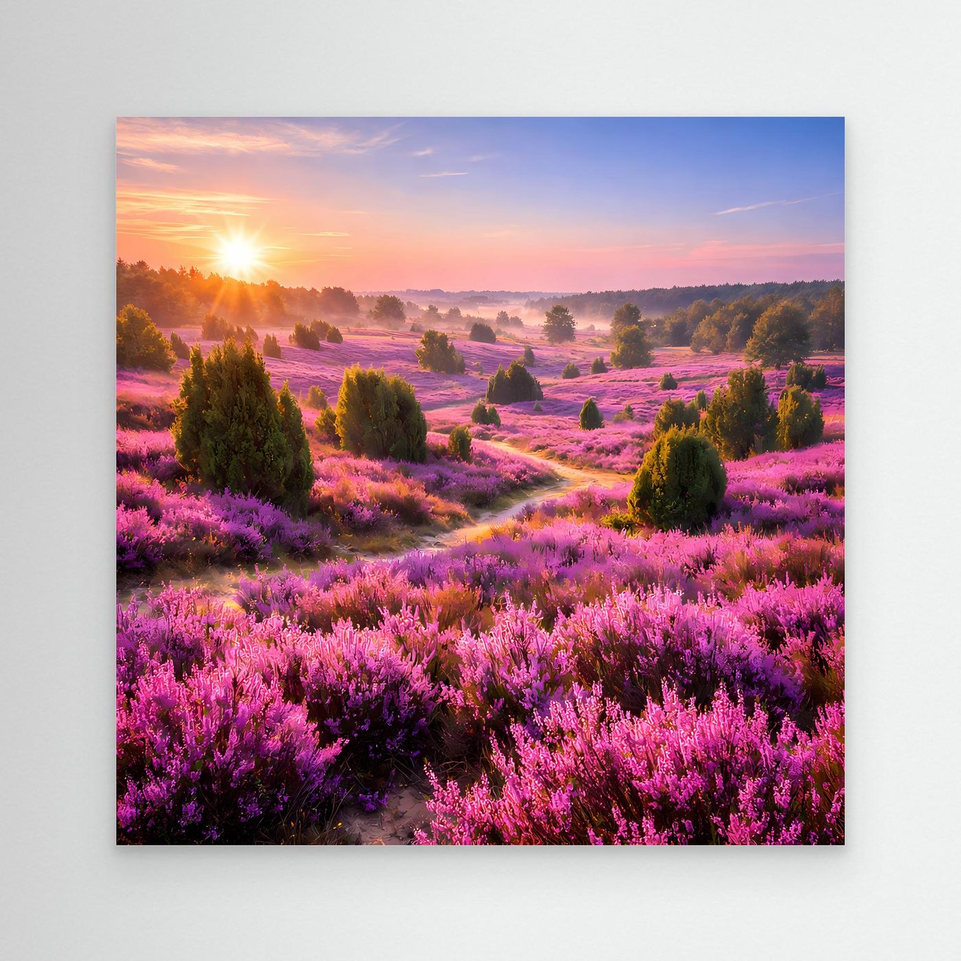 Leinwandbild mit blühendem Heidekrautfeld und Sonnenaufgang, ohne Rahmen