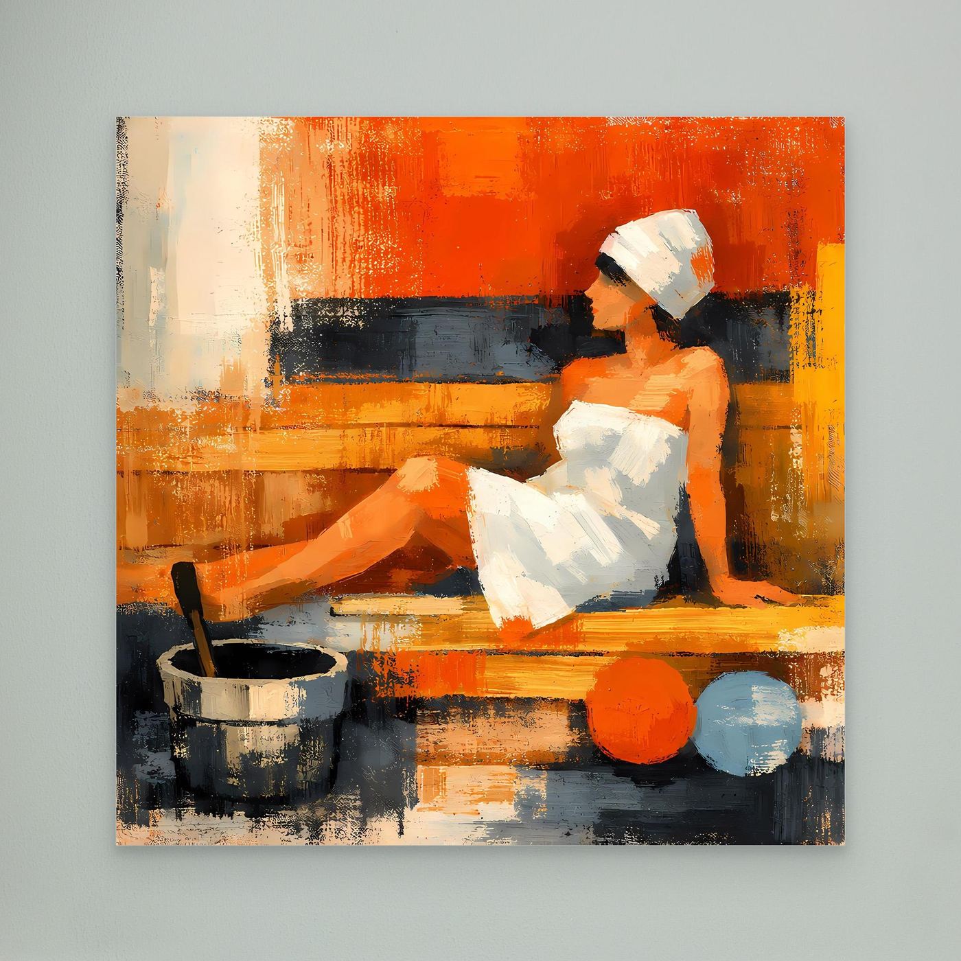 Abstract sauna wall art: reclining woman, red-orange abstract background, bucket and balls