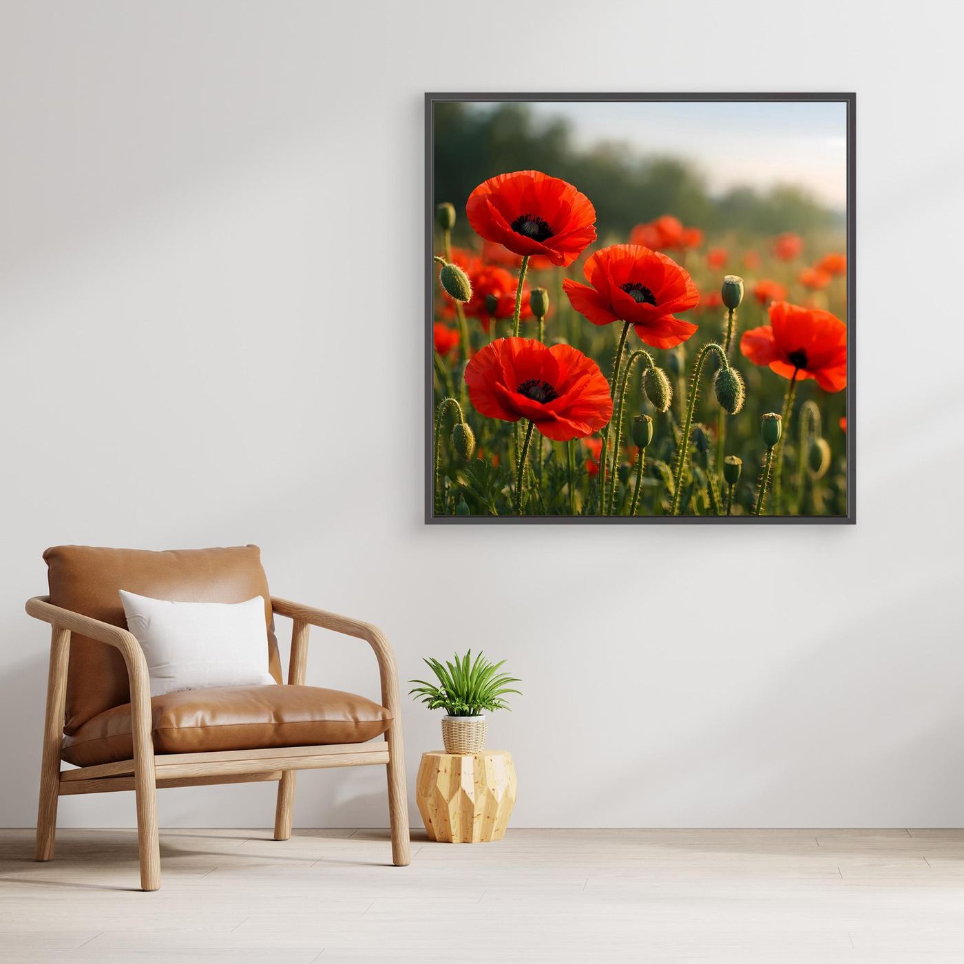 Leinwand-Wandbild mit roten Klatschmohnblüten im grünen Feld, mit schwarzem Rahmen