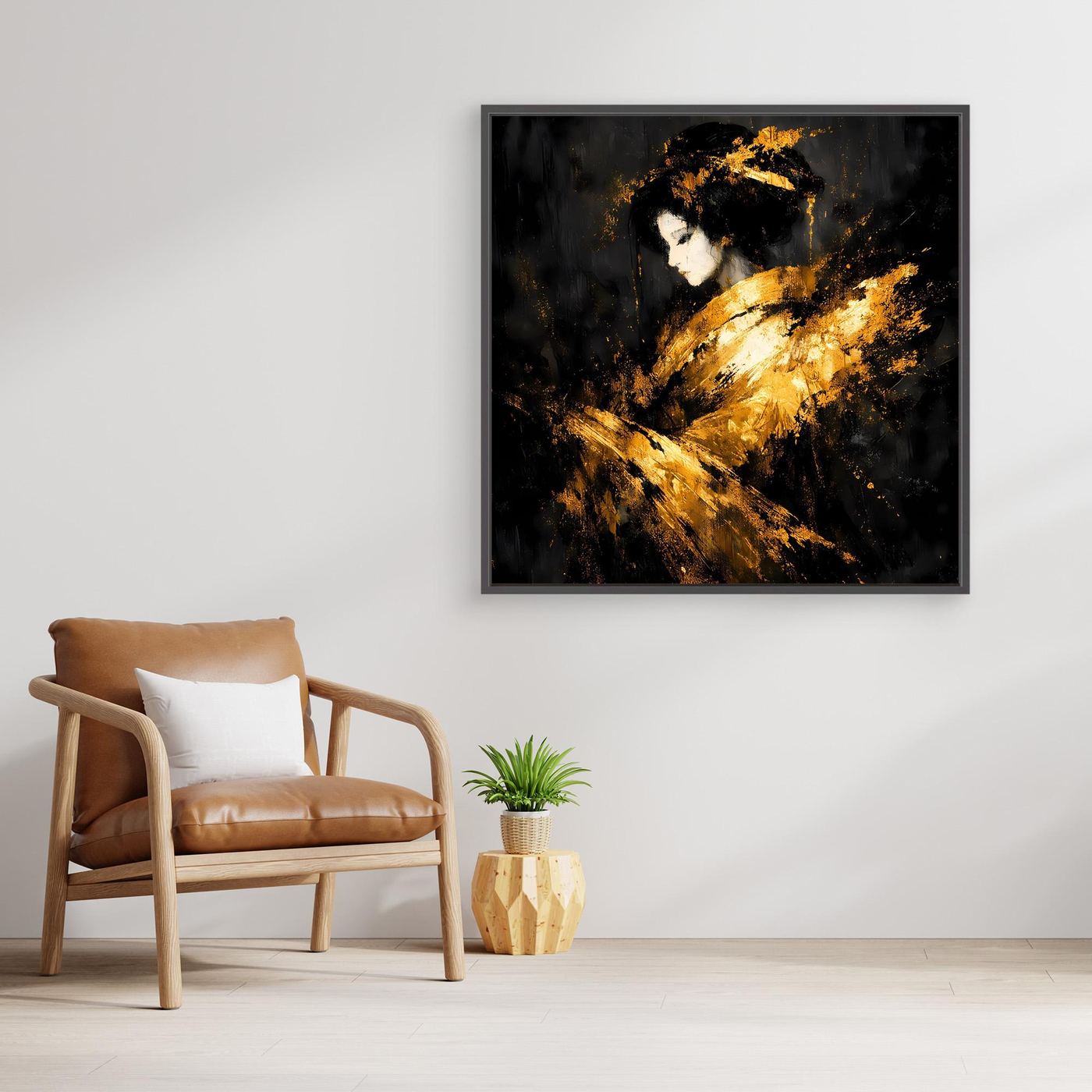 Leinwand Elegante Goldene Geisha | Abstraktes Asiatisches Wandbild