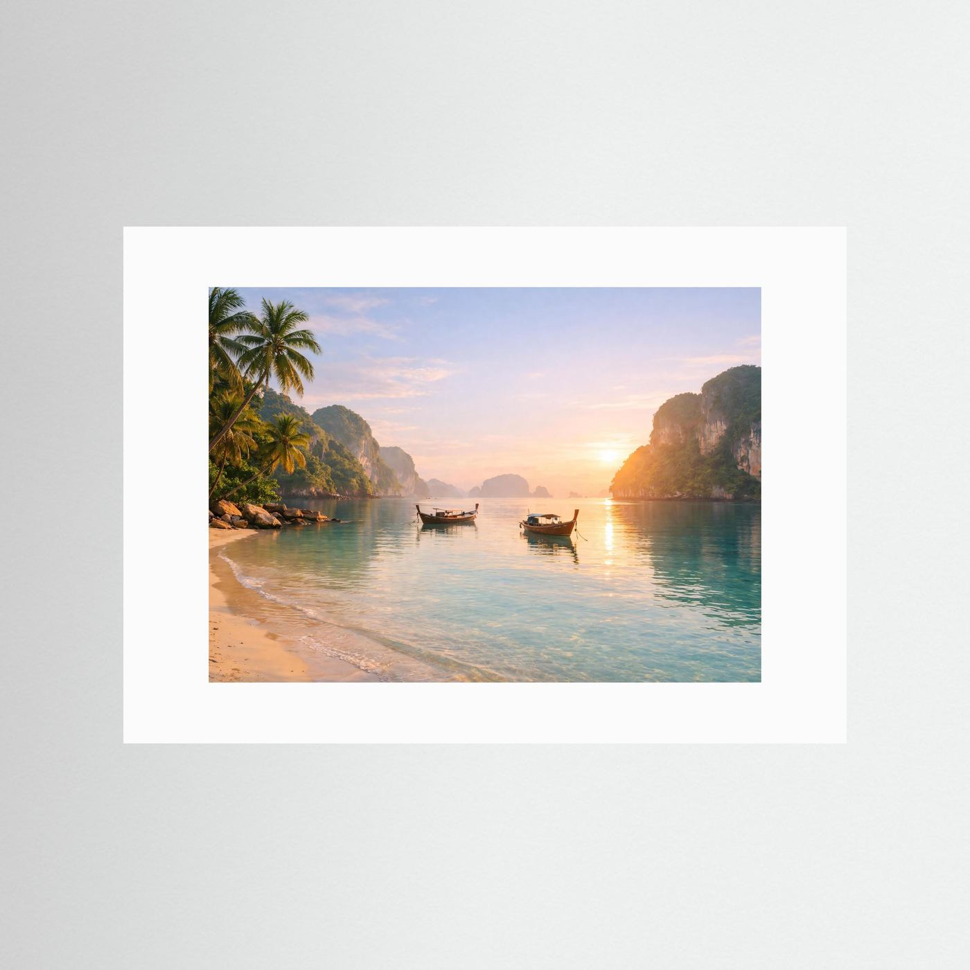 Poster im Querformat mit weißem Passepartout: Sonnenaufgang an tropischer Bucht und Boote