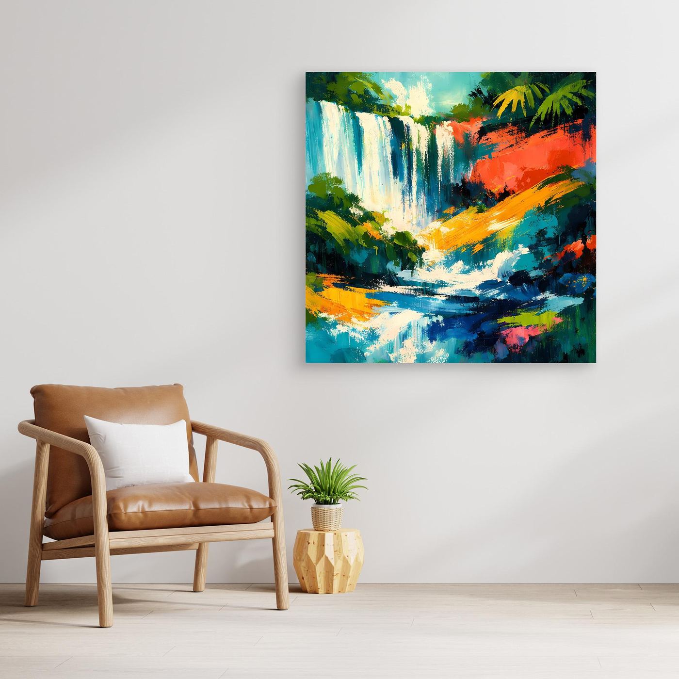 Leinwandbild mit abstraktem tropischem Wasserfall in kräftigen Blau-, Grün- und Orangetönen