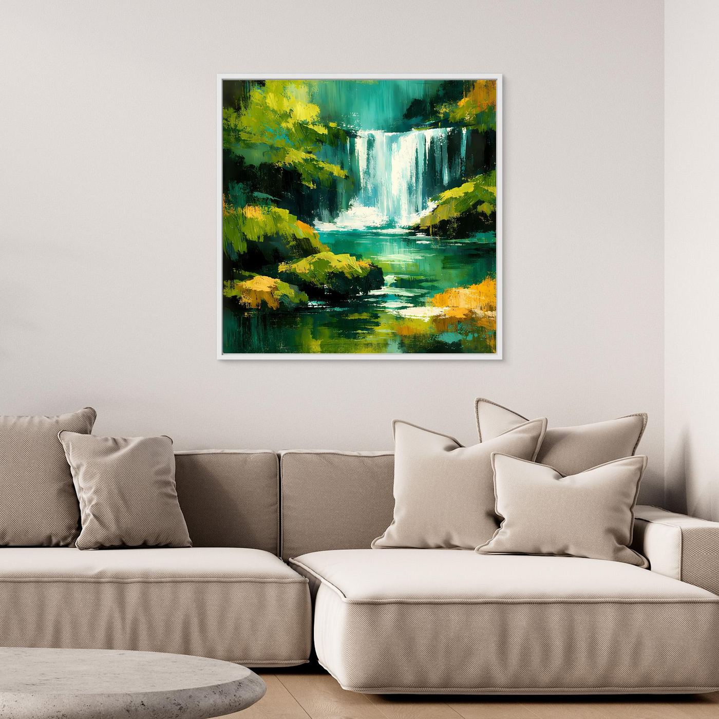 Leinwandbild mit abstraktem Wasserfall im Dschungel, heller Rahmen.