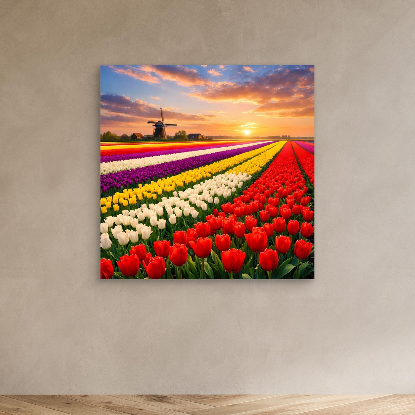 Leinwandbild mit Tulpenreihen in Lila, Gelb und Rot, ohne Rahmen