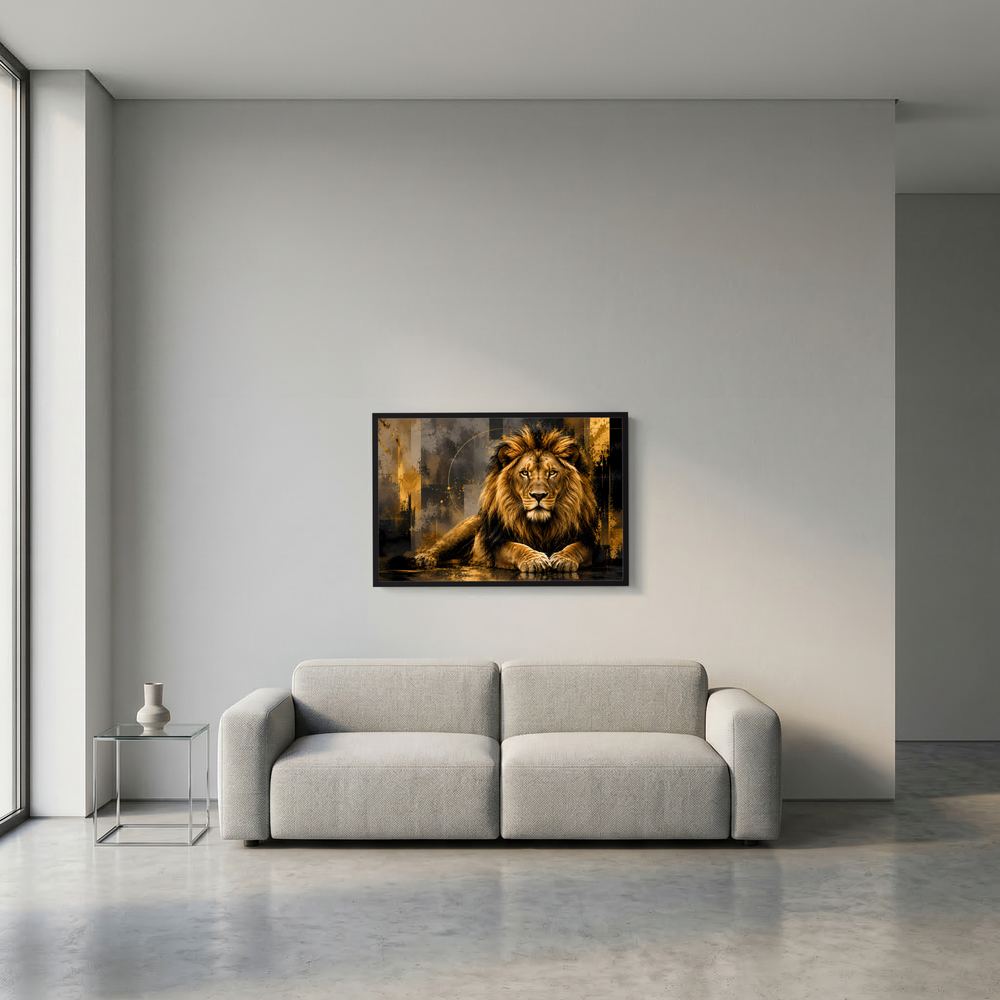 Kleines gerahmtes Wandposter mit brüllendem Löwen in Schwarz und Gold, schwarzer Rahmen