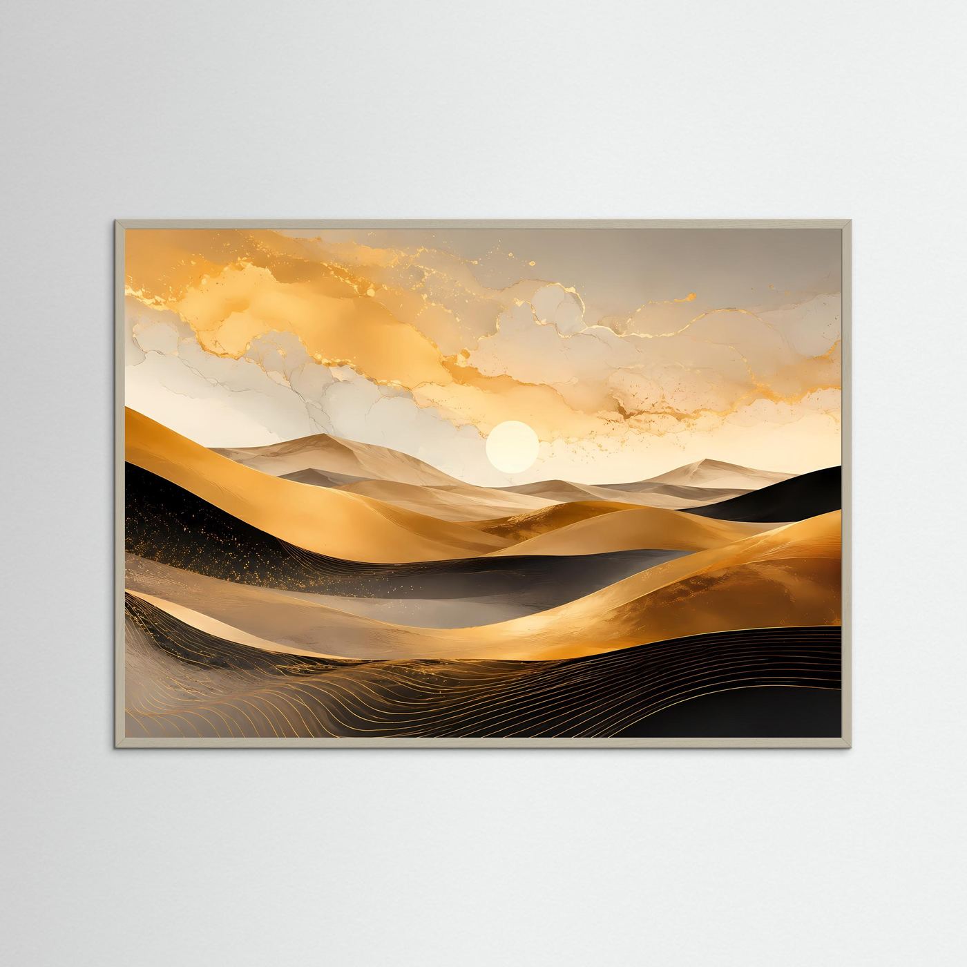 Goldene Wüstendünen Poster | Luxuriöse Minimalistische Wüstenlandschaft in Schwarz Gold Querformat