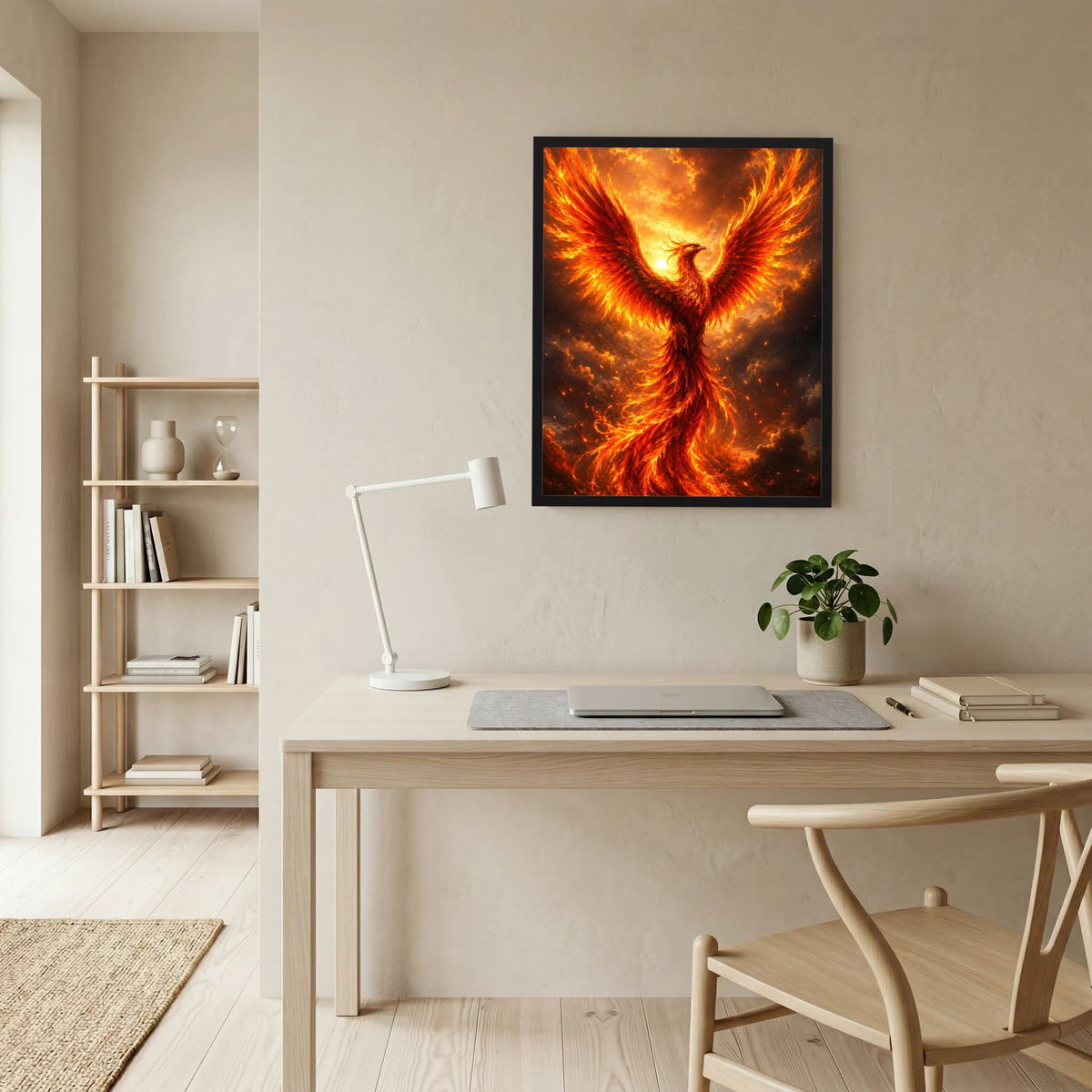 Wand-Poster: Phönix in flammendem Orange und Gelb, umgeben von Rauch