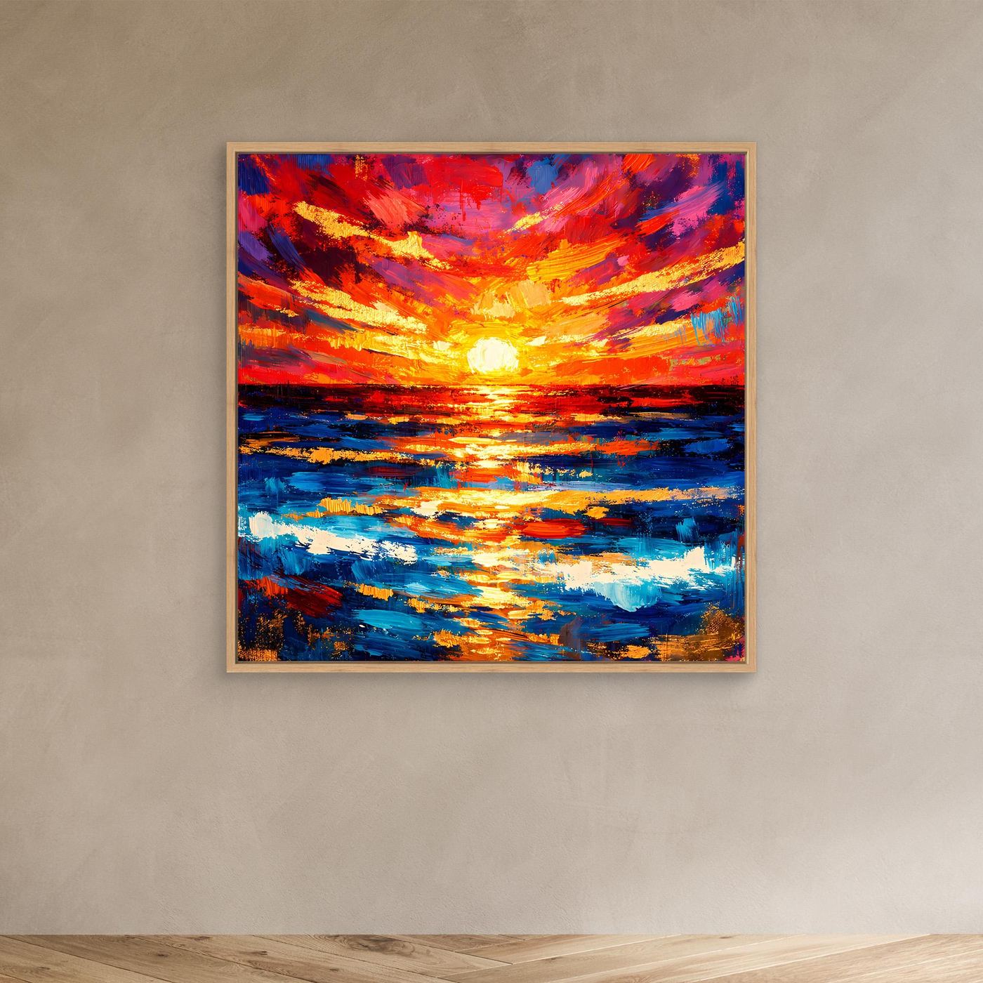Abstraktes Leinwandbild Sonnenuntergang am Meer mit Rahmen in hellem Holz