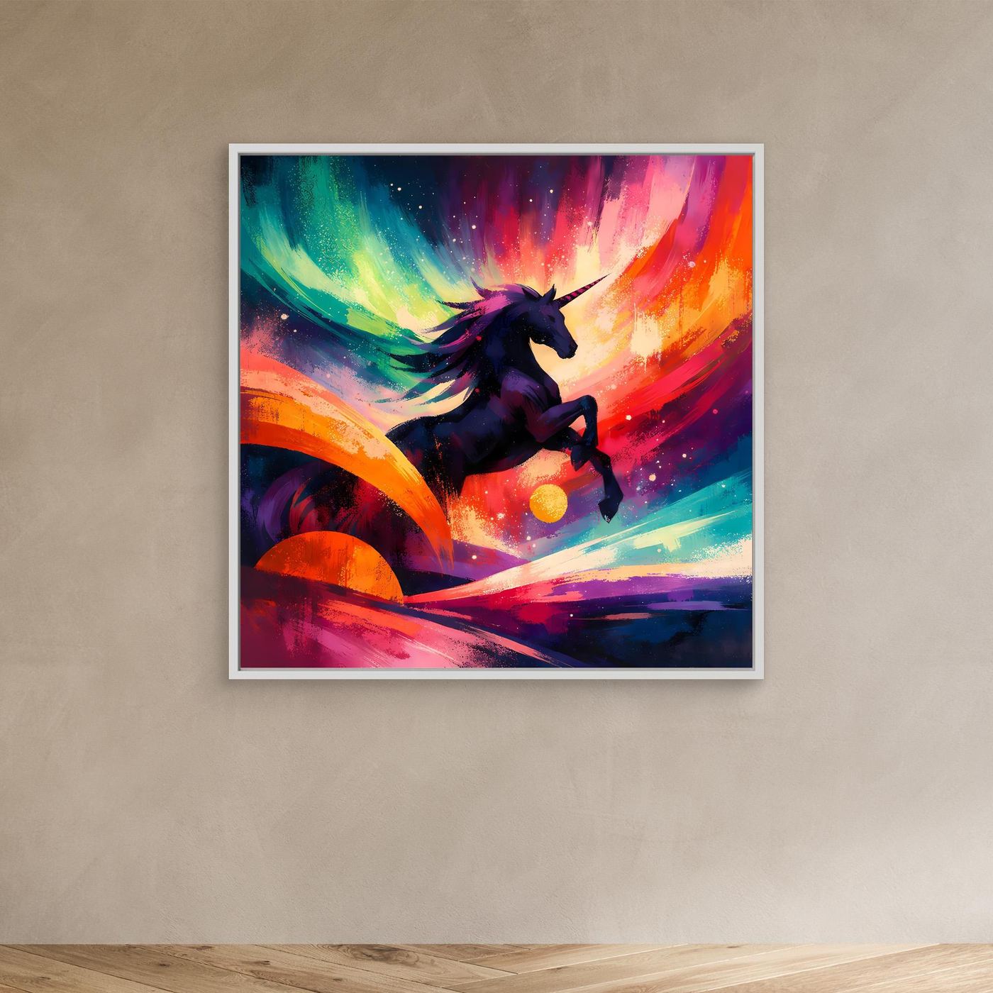 Leinwandbild mit schwarzem Einhorn auf abstraktem Regenbogen, weißer hellerer Rahmen