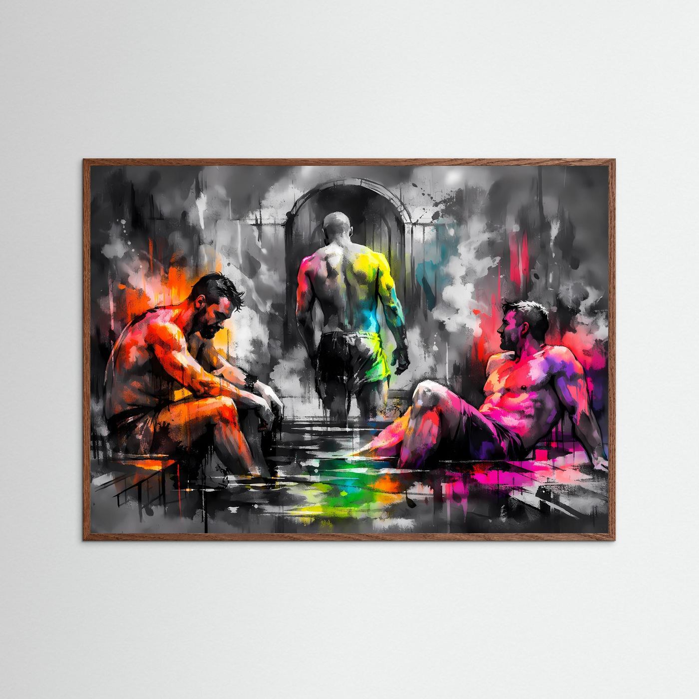 Querformat-Poster mit abstrakten Figuren in Orange, Pink und Gelb, im dunklen Eichenrahmen
