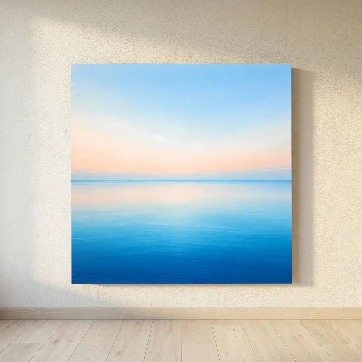 Quadratisches Leinwandbild mit blauem Meer und Pastellhimmel, abstrakt
