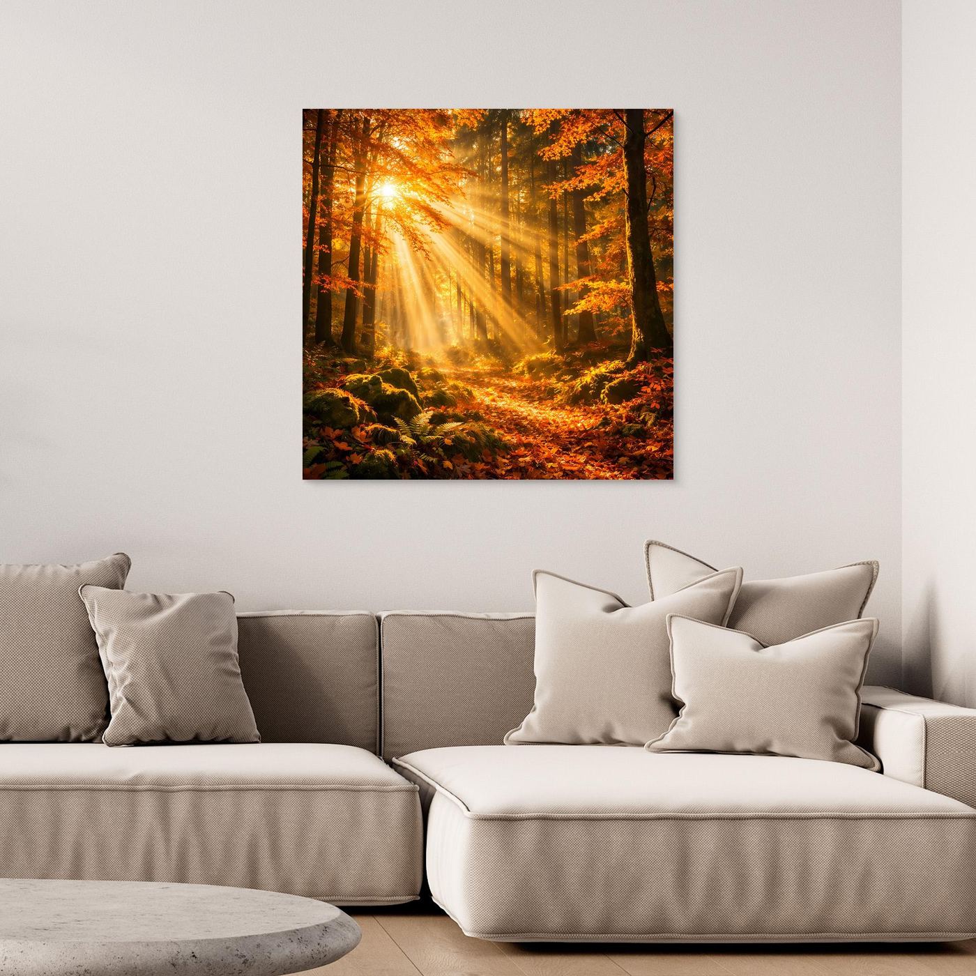 Gerahmtes Leinwandbild „Goldener Herbstwald“ mit Sonnenstrahlen durch den Wald