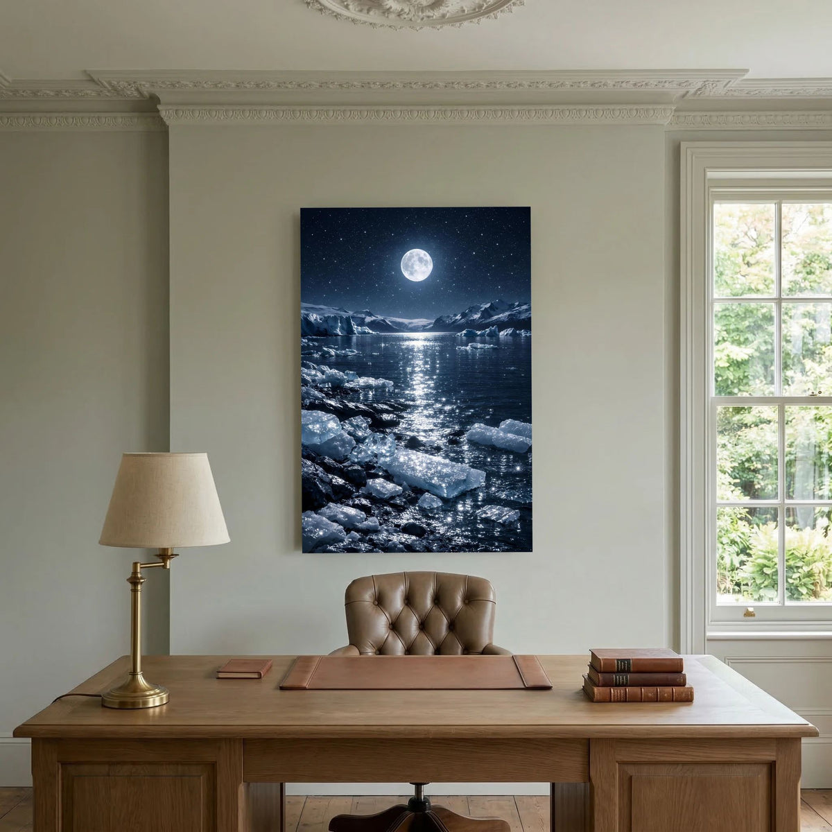 Poster im Hochformat mit Vollmond über arktischem Meer und glitzernden Reflexen