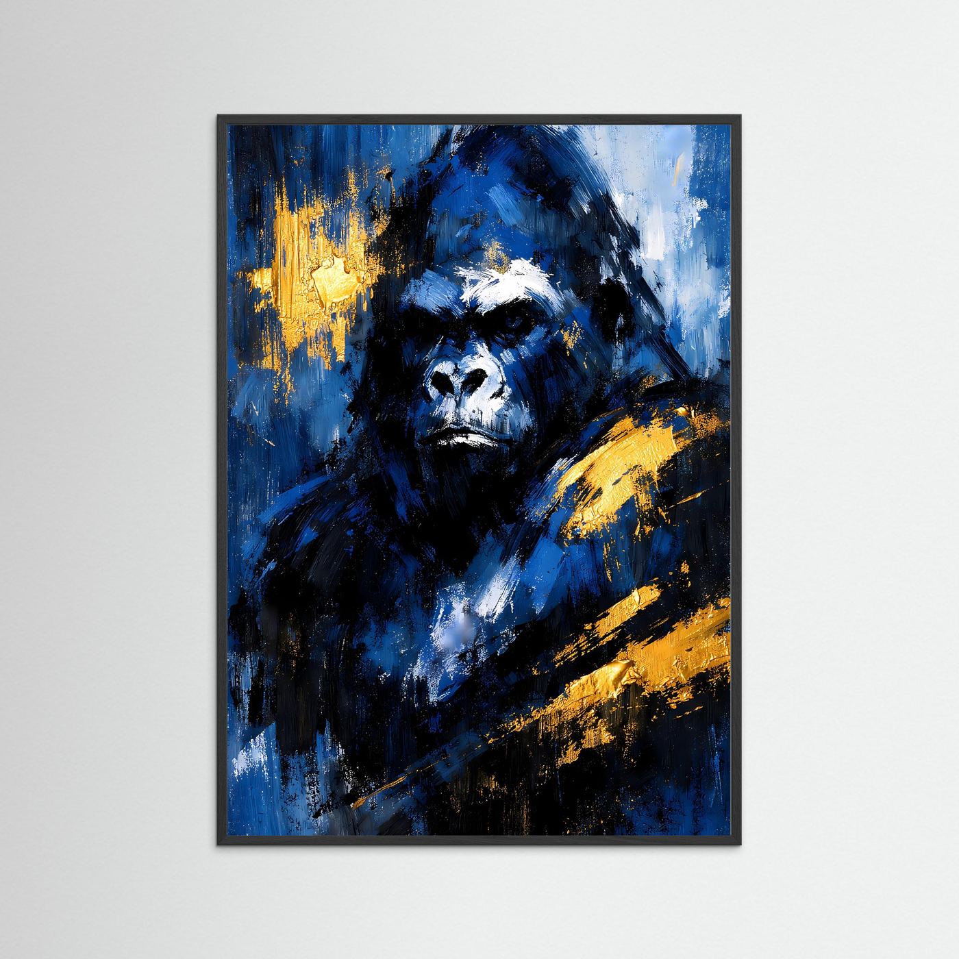 Kunstposter mit abstraktem Gorilla in Blau, Schwarz und Gold, in dunklem Rahmen