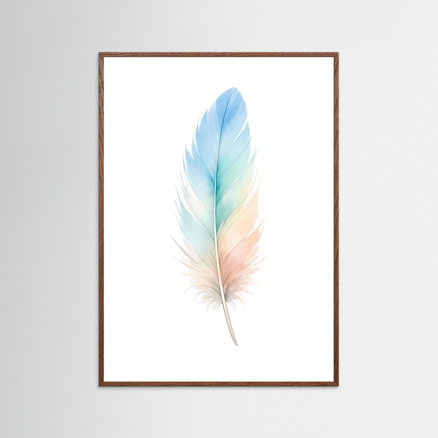 Poster mit Aquarell-Feder im Pastellverlauf von Blau bis Pfirsich im braunen Holzrahmen, hochkant