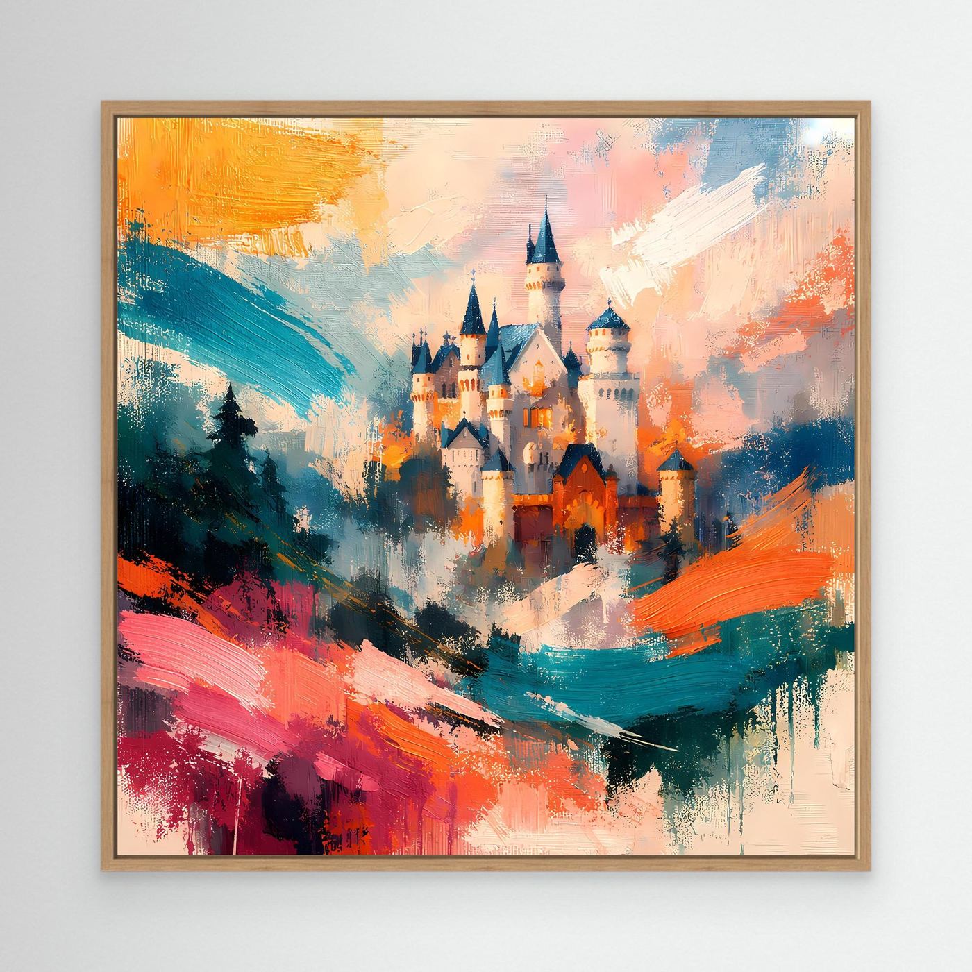 Premium Leinwand Märchenhaftes Schloss in abstrakten Farben | Modernes Castle Wandbild