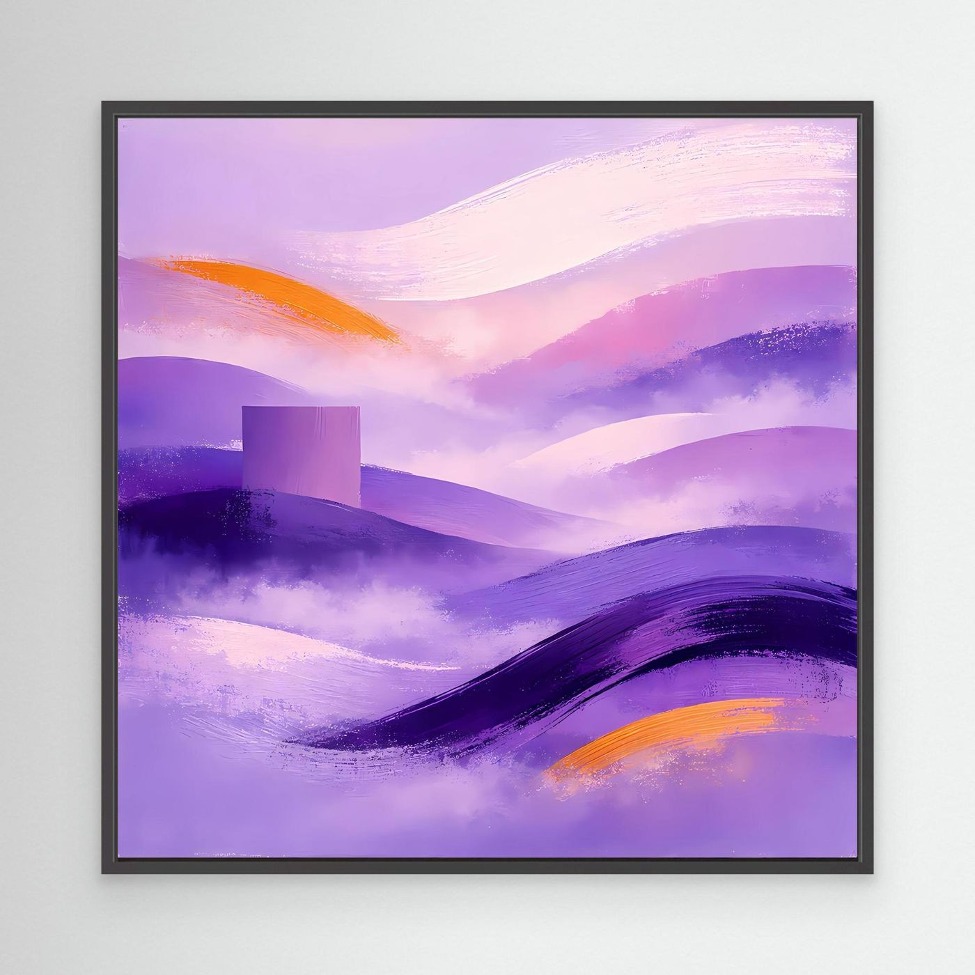 Abstraktes Leinwandbild mit Berglandschaft, Flieder/Violett-Töne, schwarzer Rahmen