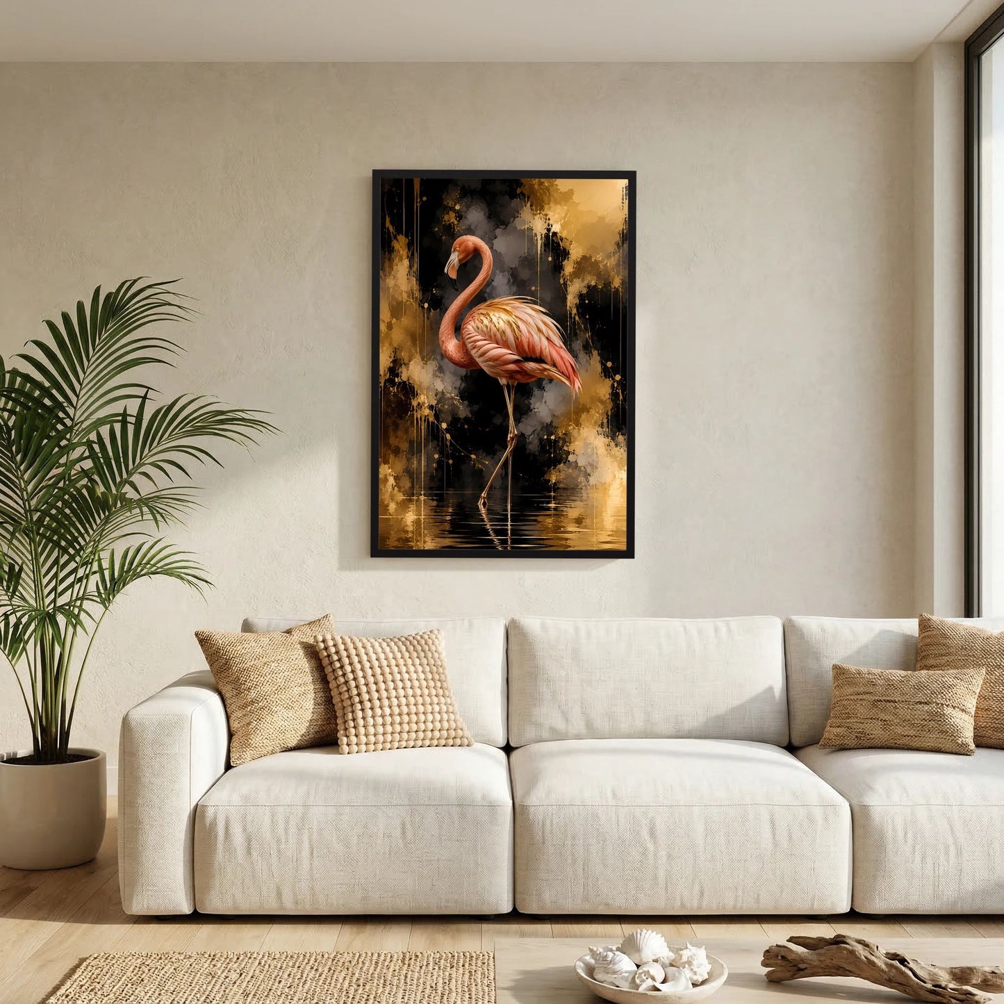 Schwarz gerahmtes Flamingo-Poster mit goldigem Farbverlauf und Wasserspiegelungen