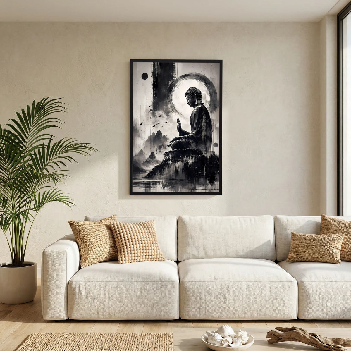 Poster mit Buddha-Motiv in Schwarzweiß, im schwarzen Rahmen