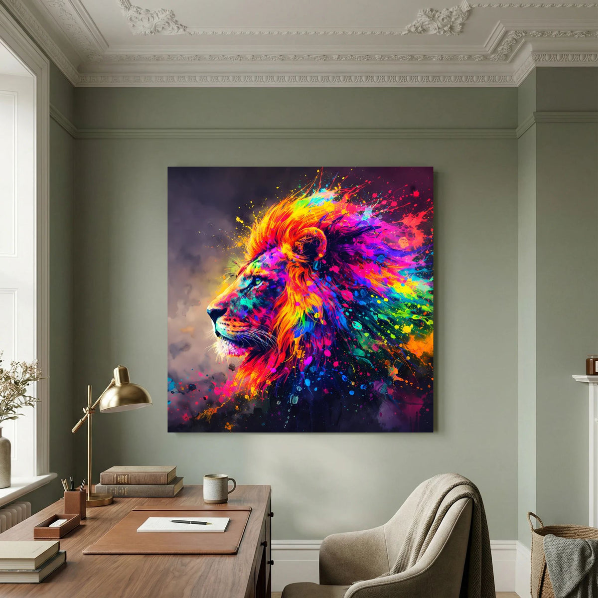 Leinwandbild auf Keilrahmen mit Löwenkopf in Regenbogen-Pop-Art und Farbspritzern