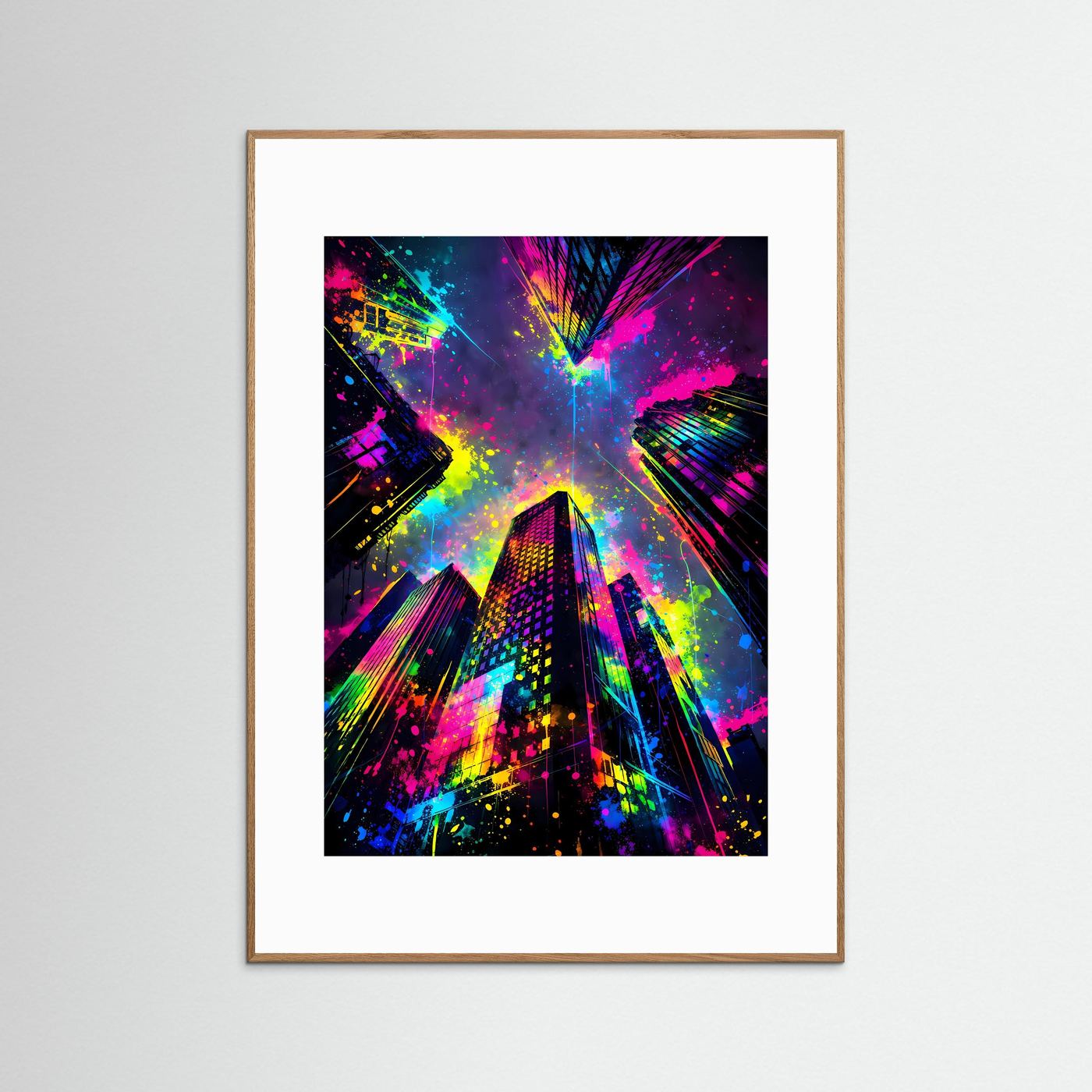 Urbane Farbexplosion | Abstraktes Wolkenkratzer Poster aus der Froschperspektive | Modernes Skyline Kunstposter Hochformat