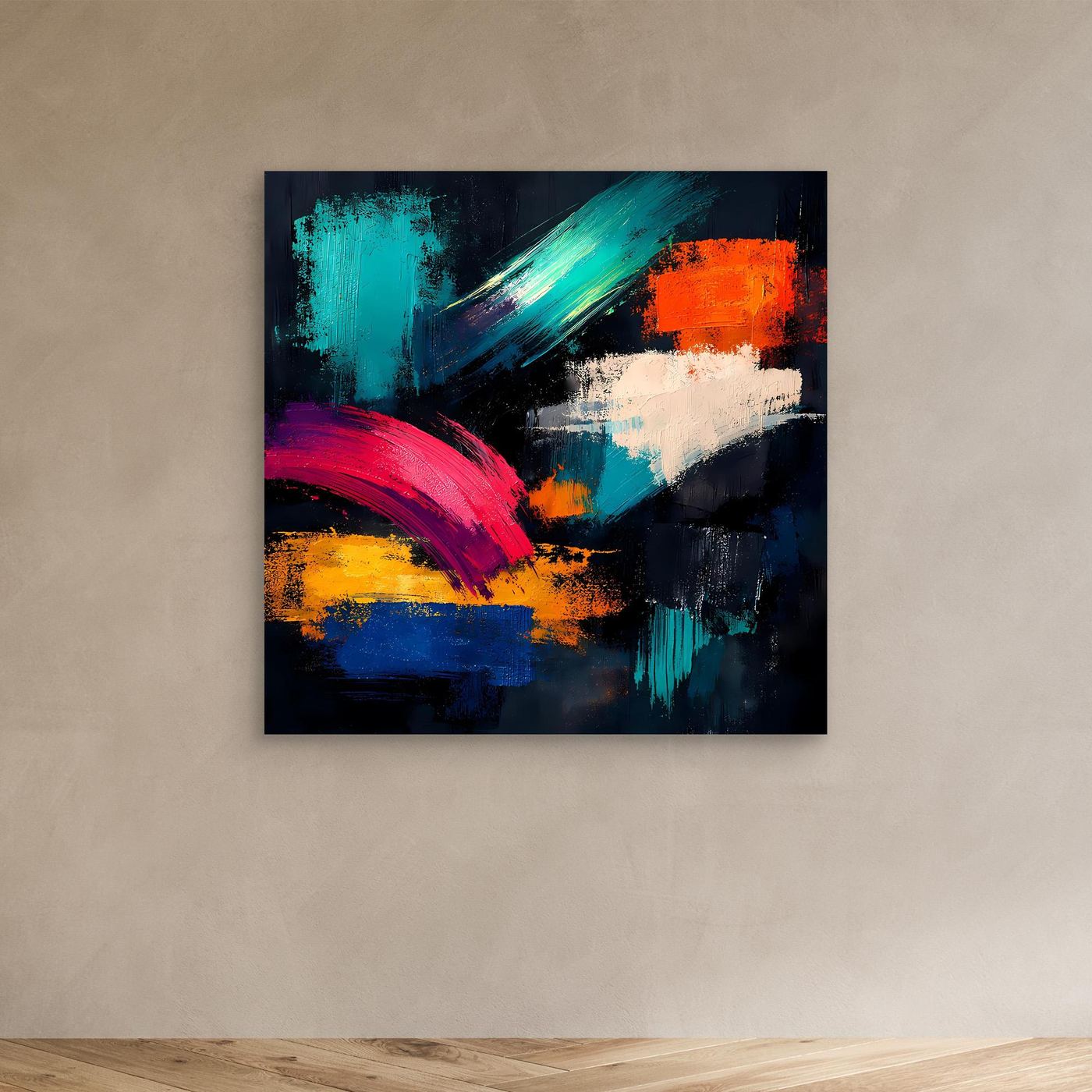 Leinwandbild abstrakt ohne sichtbaren Rahmen, Farbstriche in Türkis, Orange, Pink und Blau