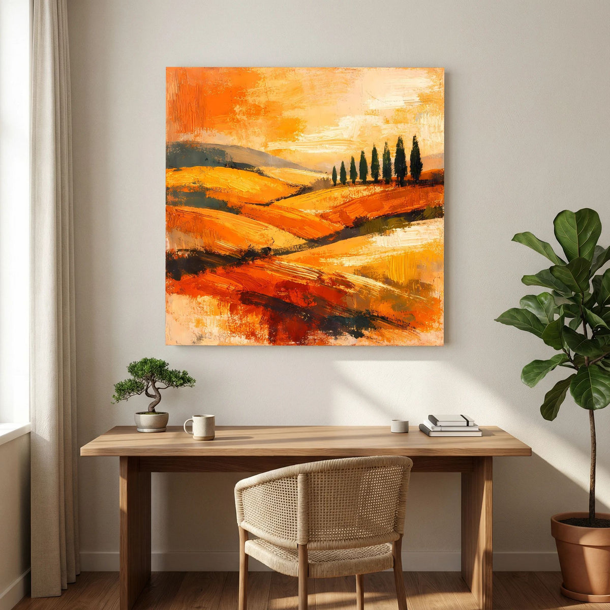 Abstraktes Leinwand-Wandbild mit orangefarbenen Hügeln, weißen Akzenten und Zypressenreihe