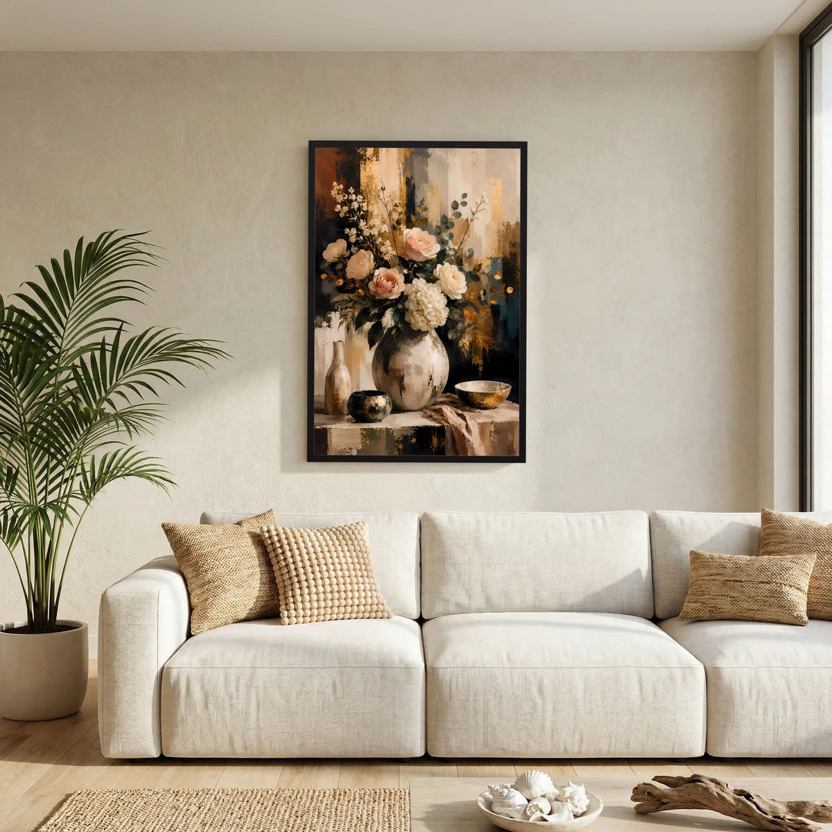 Blumenstillleben-Poster im Hochformat: bunter Blütenstrauß in Vase, schwarze Umrandung