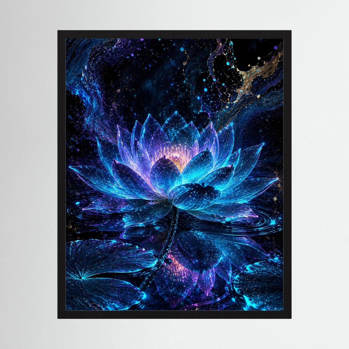 Gerahmtes Kunstposter mit leuchtender Lotusblüte in Blau und Türkis