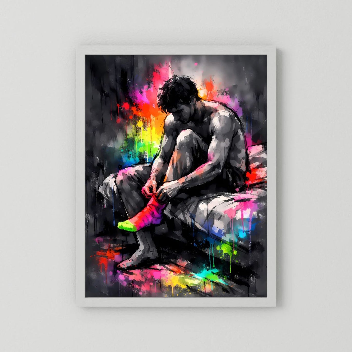 Wandbild im Hochformat: Mann beim Socken anziehen, abstrakte Neon-Farbexplosion, weißer Rahmen.