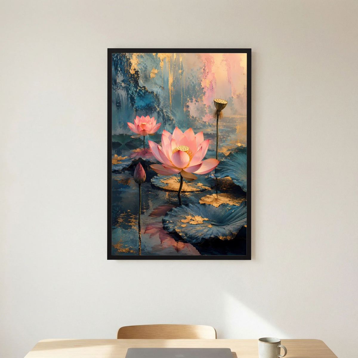 Poster mit Lotusblüten, abstrakt, in schwarzem Rahmen