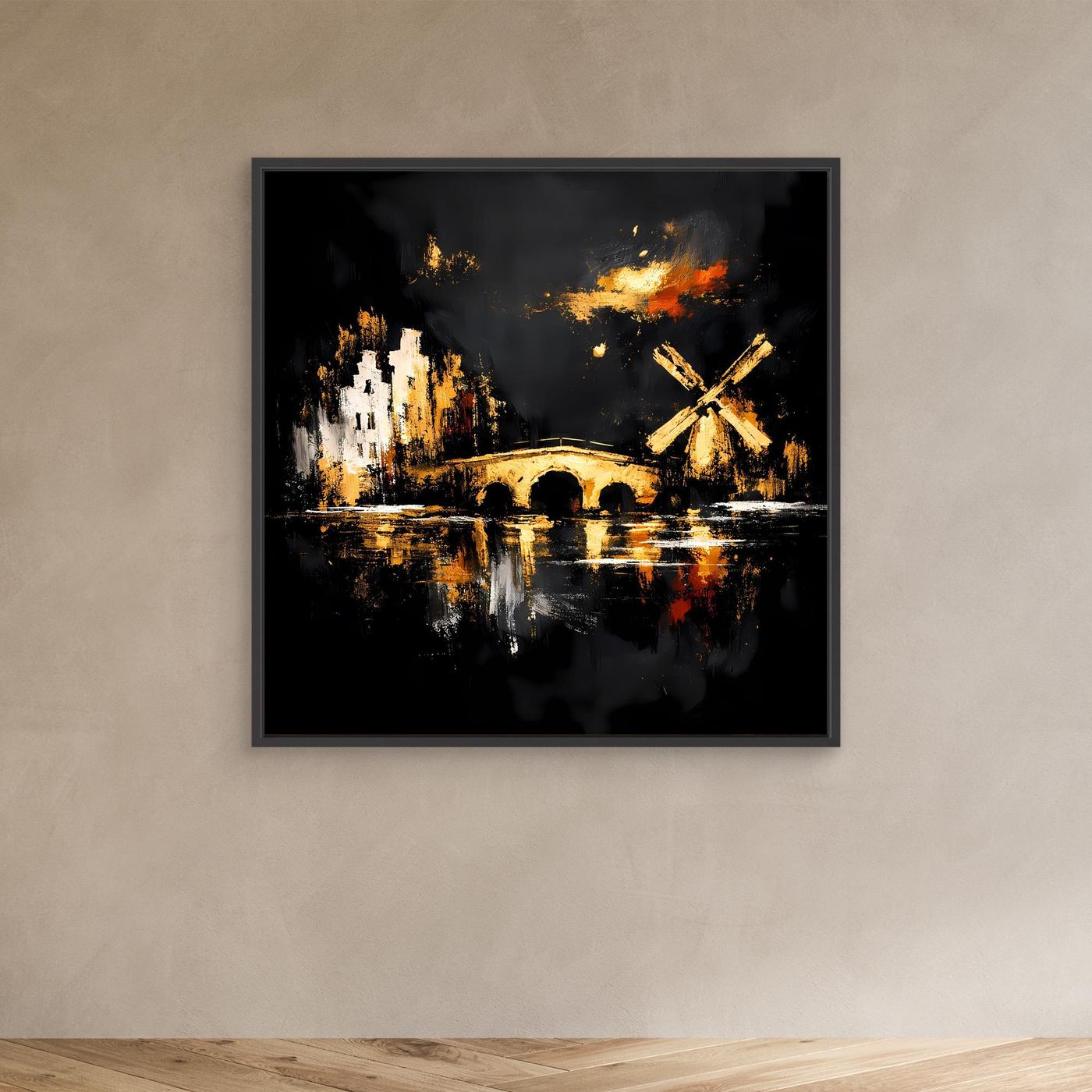 Leinwand Goldene Windmühle in Amsterdam | Abstraktes Holland Wandbild Modern