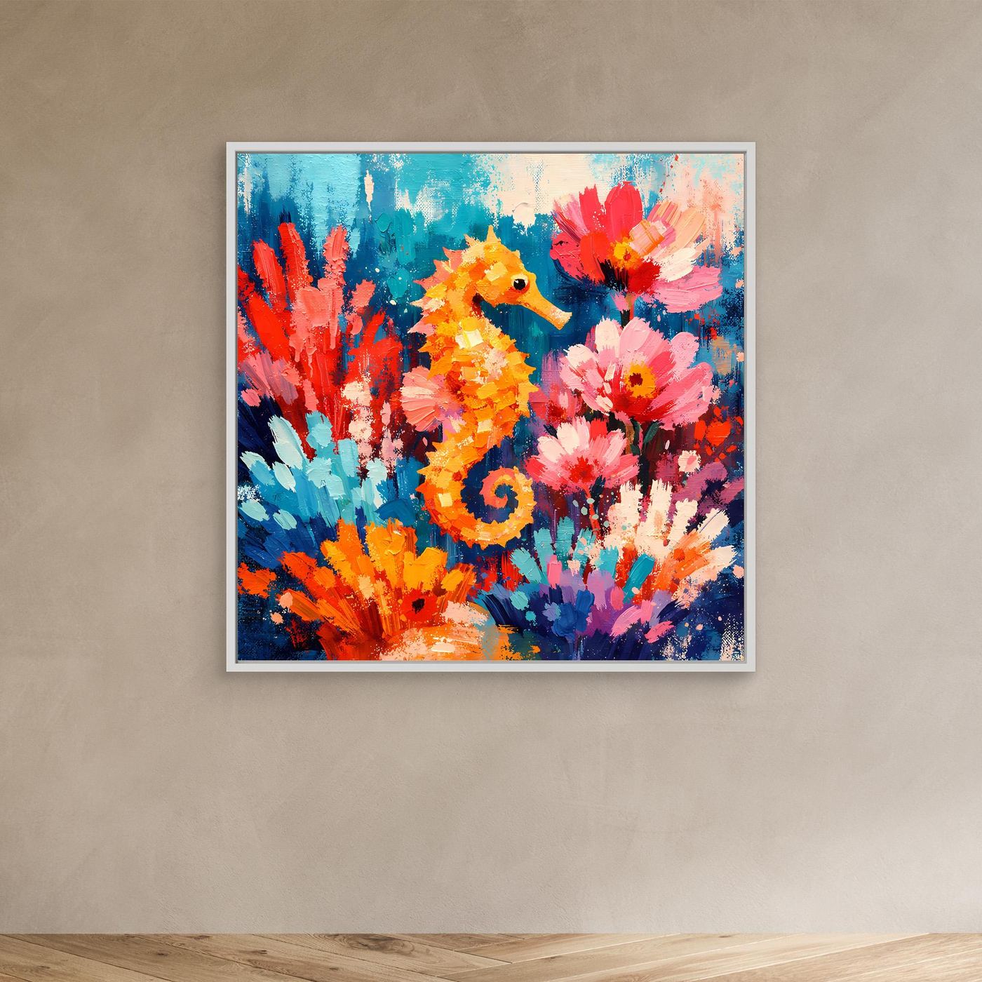Leinwand Farbenfrohes Seepferdchen im Korallenriff | Abstraktes Unterwasser Wandbild