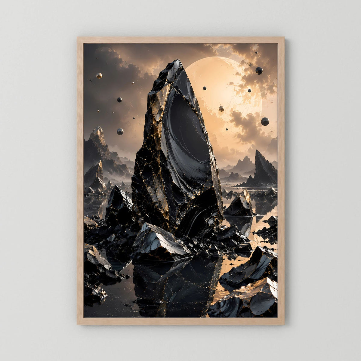 Gerahmtes Poster mit schwarzem Obsidian-Monolith, goldener Sonne und Trümmern, Holzrahmen