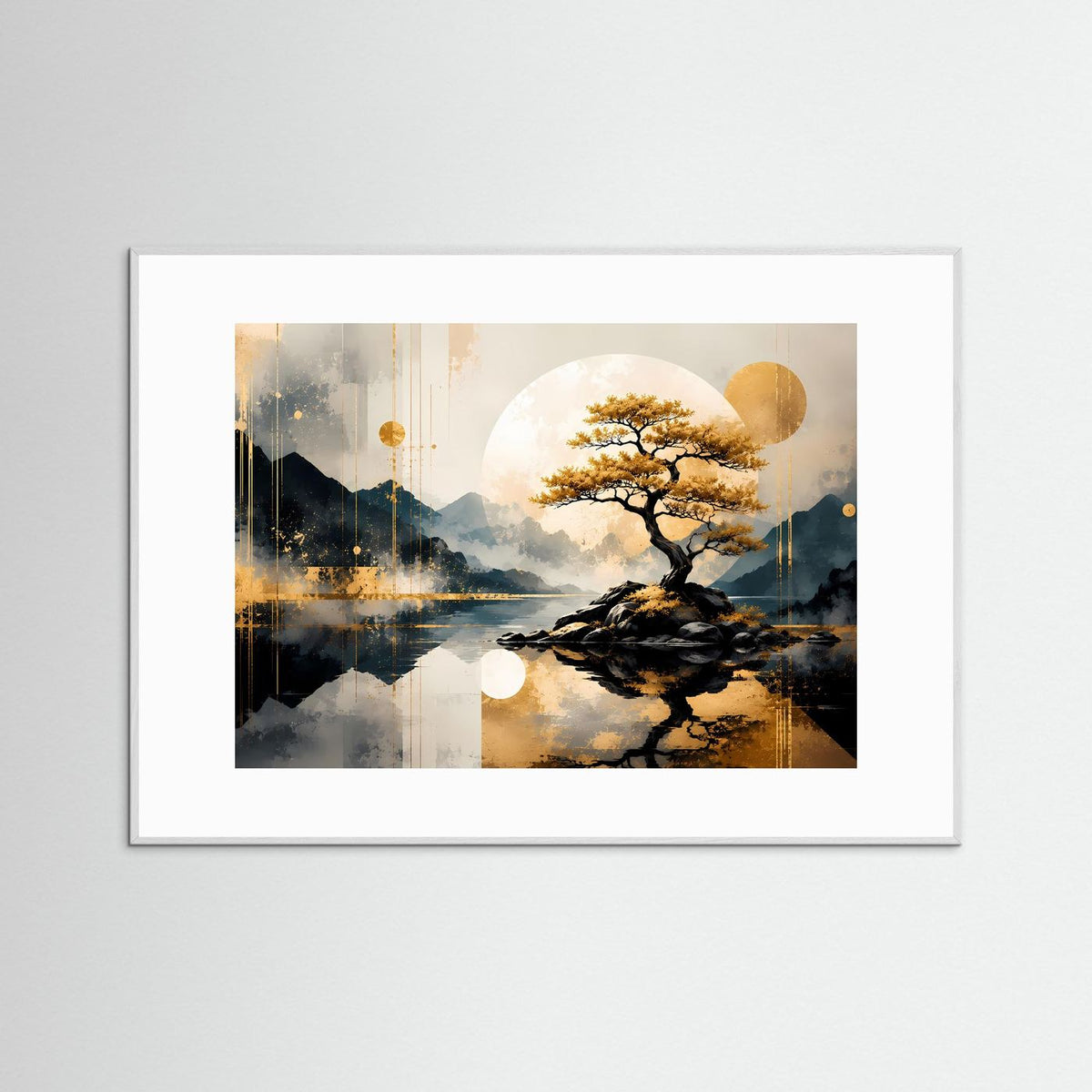 Gerahmtes Poster im Querformat: Bonsai-Baum in Gold und Schwarz, runder Mond, Blautöne im Hintergrund