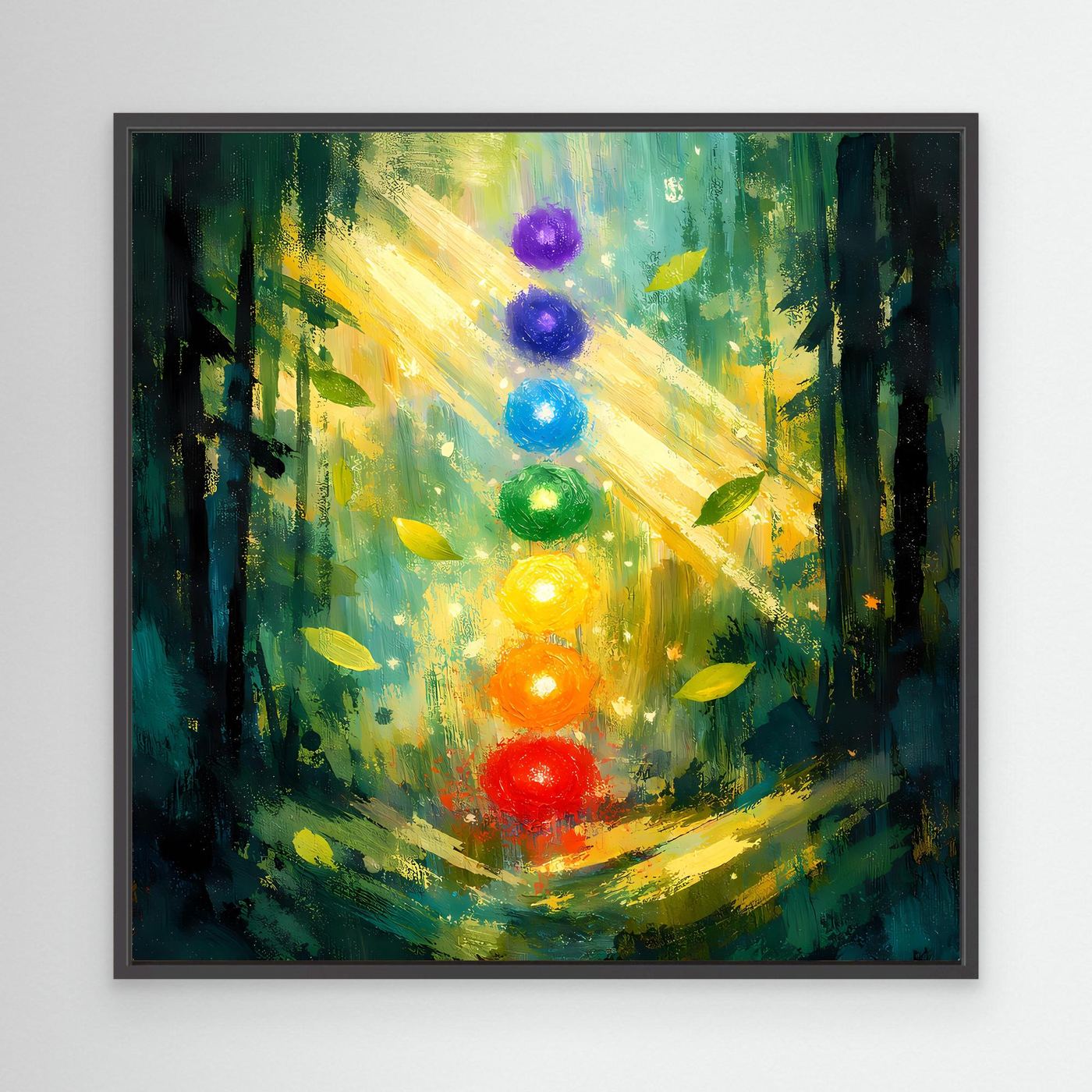 Leinwand-Wandbild mit Waldmotiv, leuchtenden sieben Chakren, schwarzer Rahmen.