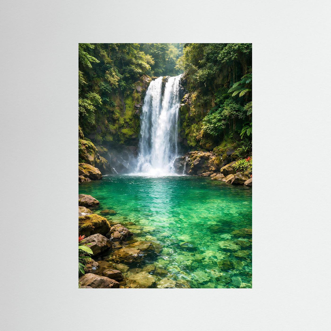 Dschungelposter im Hochformat mit Wasserfall und türkisgrüner Lagune, ohne Rahmen