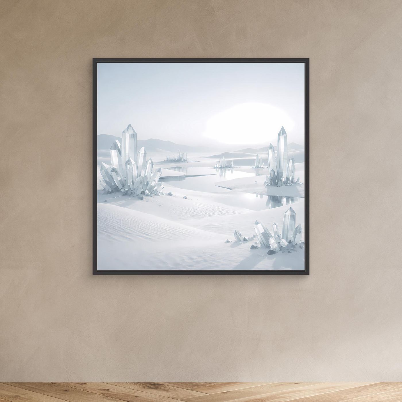 Leinwandbild mit Kristall-Eisberg-Landschaft, schwarzer Rahmen
