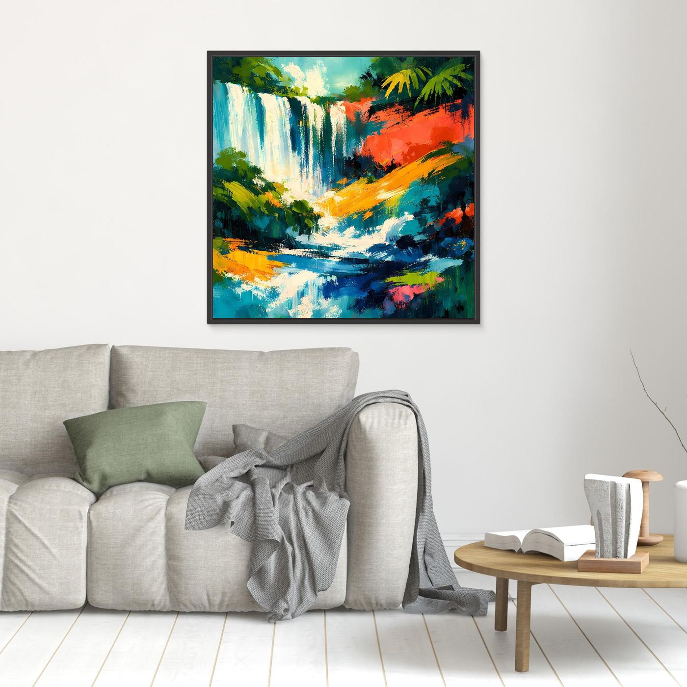 Kleines quadratisches Leinwand-Wandbild mit abstraktem Wasserfall in Tropenfarben, schwarzer Rahmen