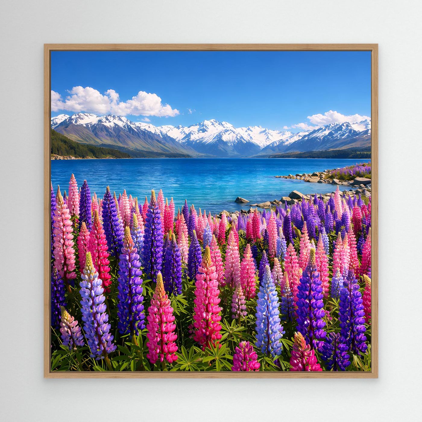 Leinwandbild mit bunten Lupinen am Bergsee in Eichenholz-Rahmen