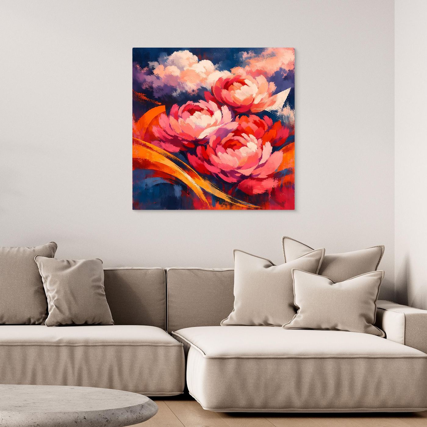 Leinwandbild mit Pfingstrosen-Motiv, abstrakt in Rot-, Rosa- und Blautönen