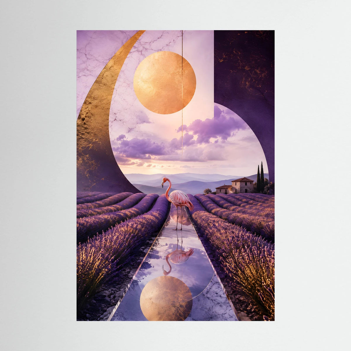 Hochformatiges Kunstposter ohne Rahmen: Flamingos auf Lavendelweg, violett mit goldenen Kreisen