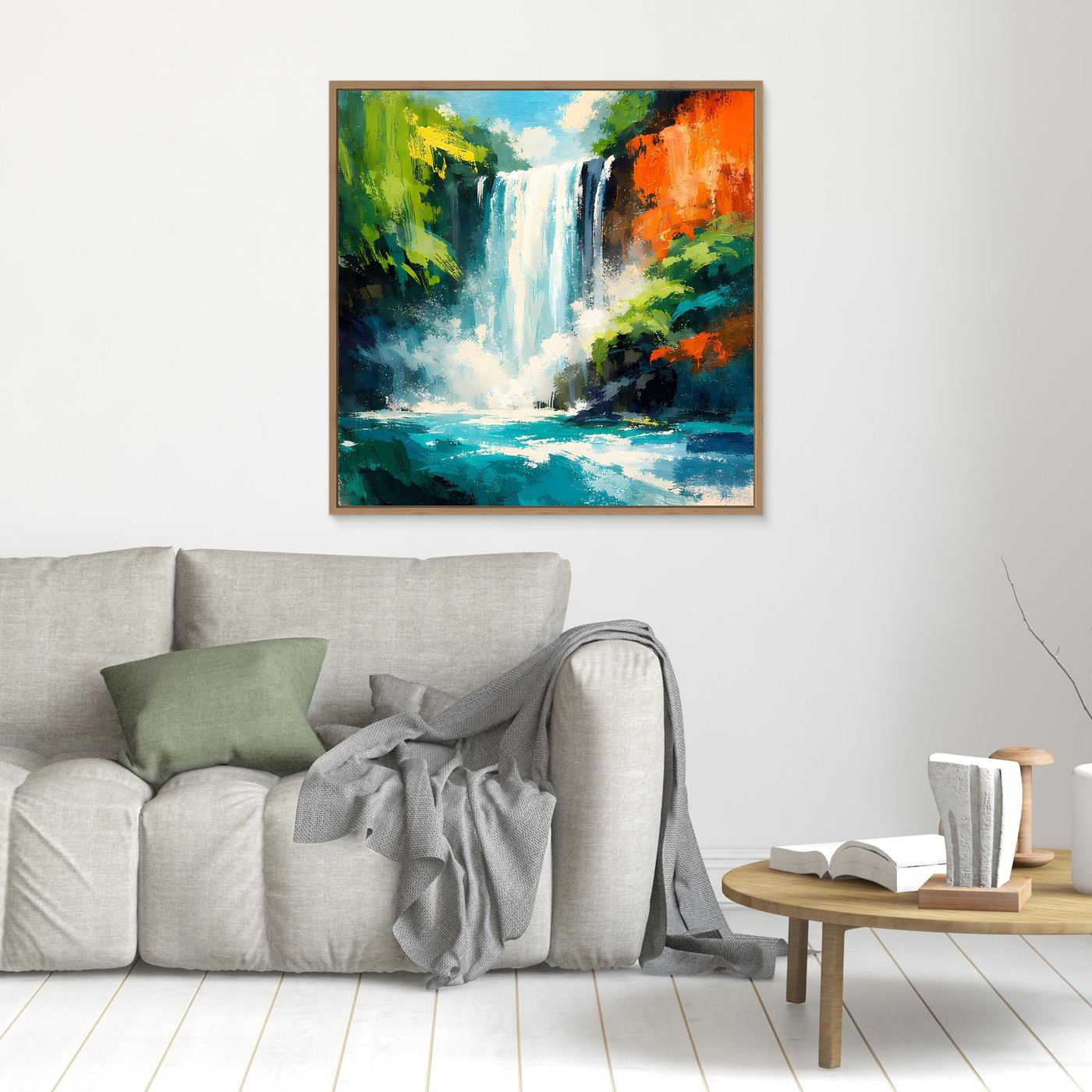 Leinwandbild mit tropischem Wasserfall im Dschungel, goldbrauner Rahmen