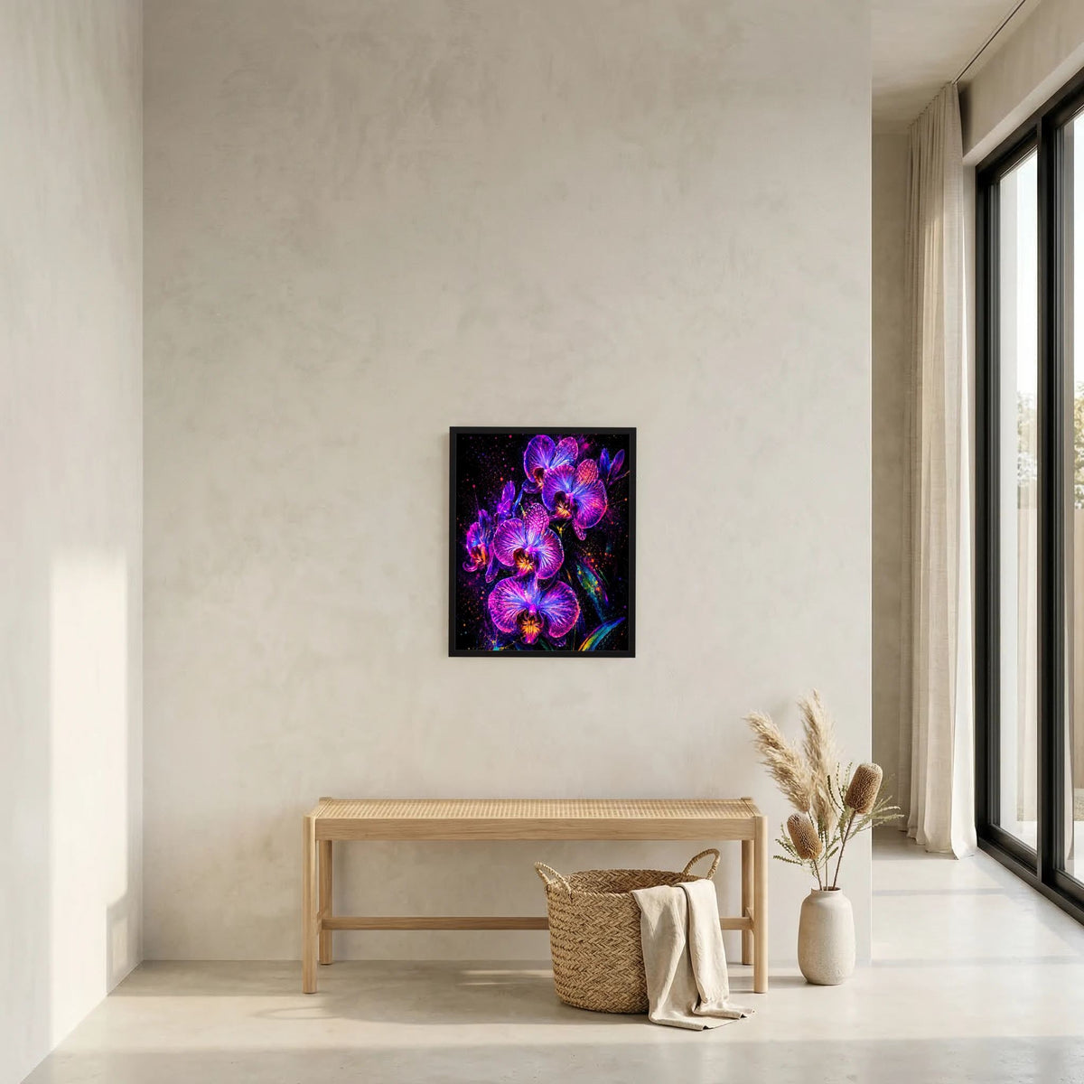 Neon-Orchideen-Blumenposter mit schwarzem Rahmen an der Wand, leuchtende Pink- und Violettblüten